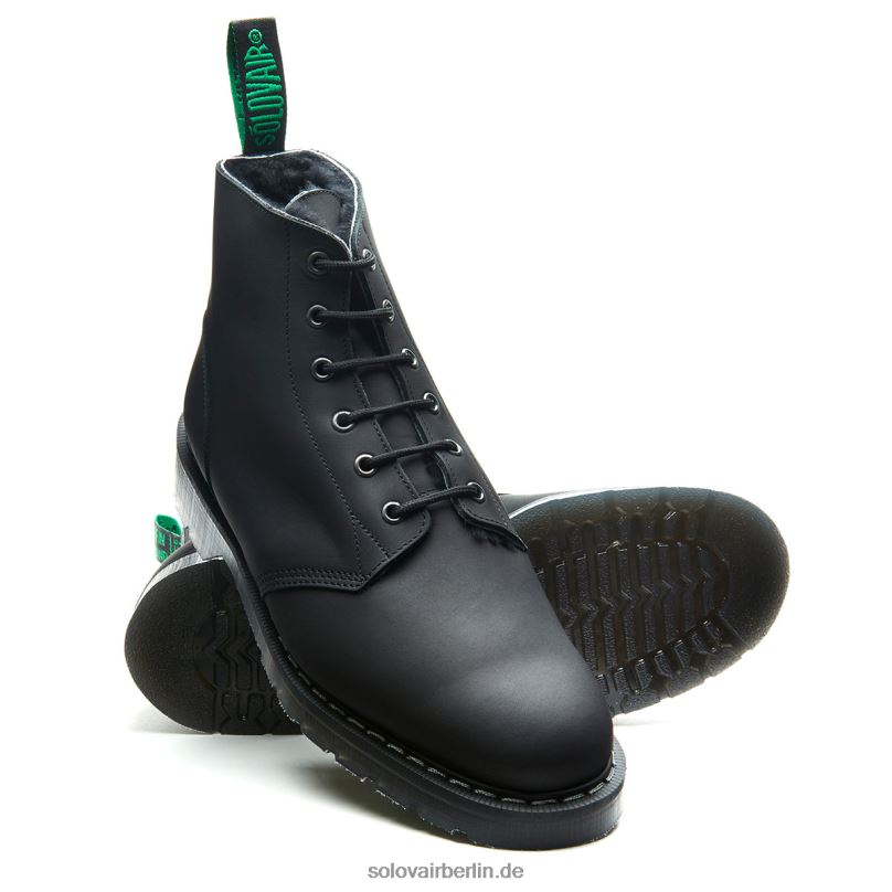 Frauen Solovair Astronautenstiefel Mit 6 ösen, Schwarz, Mit Fettigem Lammfell Gefüttert 0284f243
