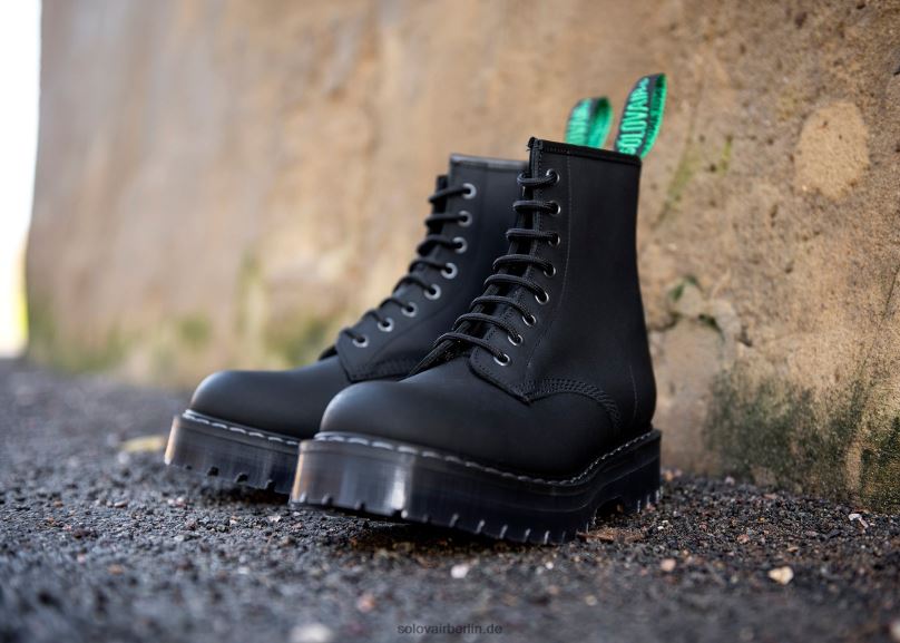 Frauen Solovair Schwarzer, Fettiger Derby-stiefel Mit Plateau Und 8-loch-reißverschluss 0284f297