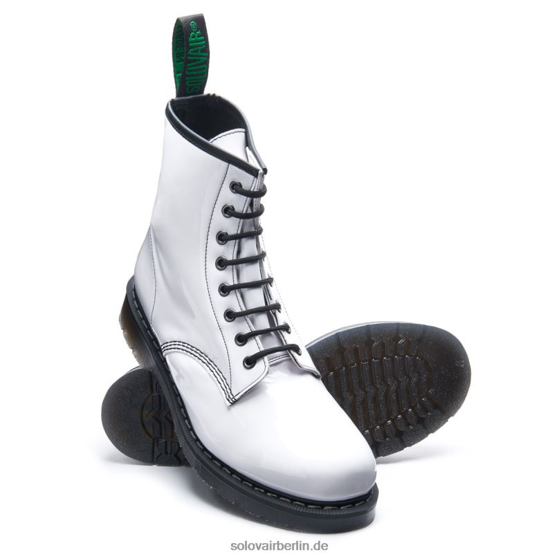 Frauen Solovair Weißer Veganer 8-loch-derby-stiefel Aus Lackleder 0284f306
