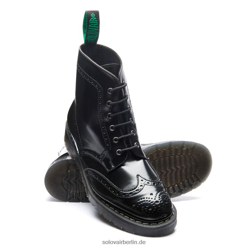 Männer Solovair Schwarzer, Hochglänzender, Veganer 6-loch-derby-brogue-stiefel 0284f22