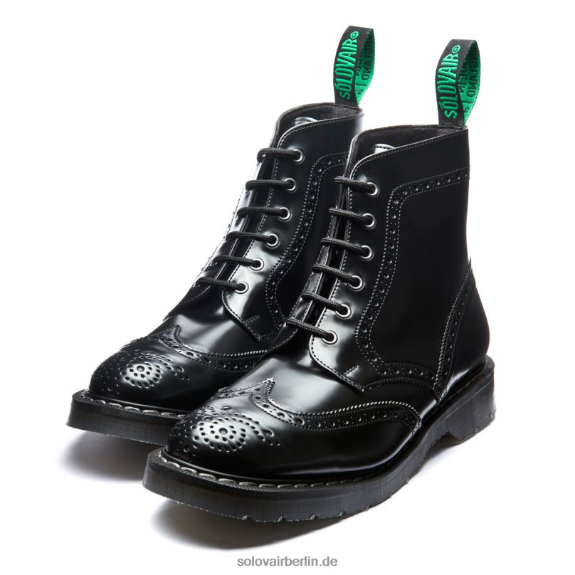 Männer Solovair Schwarzer, Hochglänzender, Veganer 6-loch-derby-brogue-stiefel 0284f22