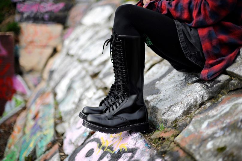 Männer Solovair Schwarzer, Hochglänzender Derby-stiefel Mit 20 ösen Und Reißverschluss 0284f71